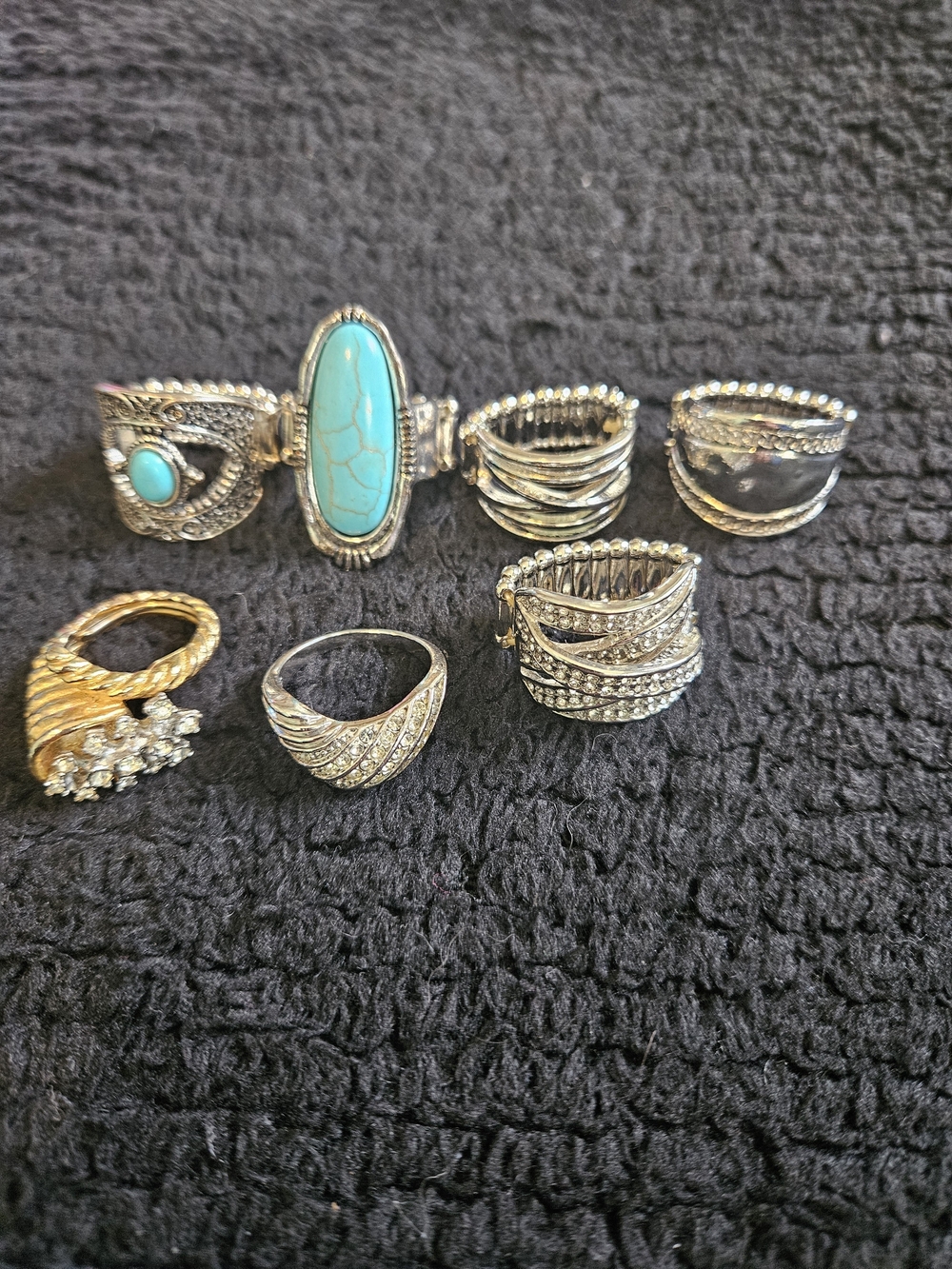 Statement Ring Bundle Silver Tone Turquoise Rhinestone Stretch Rings BohoJewelry